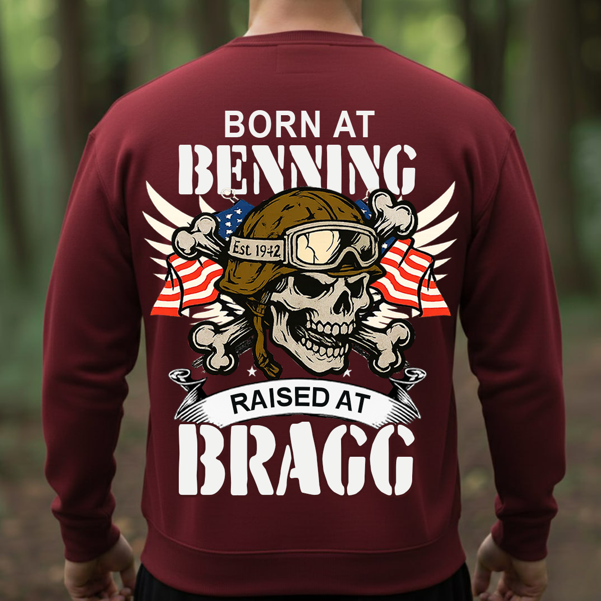 Airborne Veteran T-Shirt, Sweatshirt, Hoodie – Born at Benning Raised at Bragg Military Skull Design – Proud Paratrooper Apparel