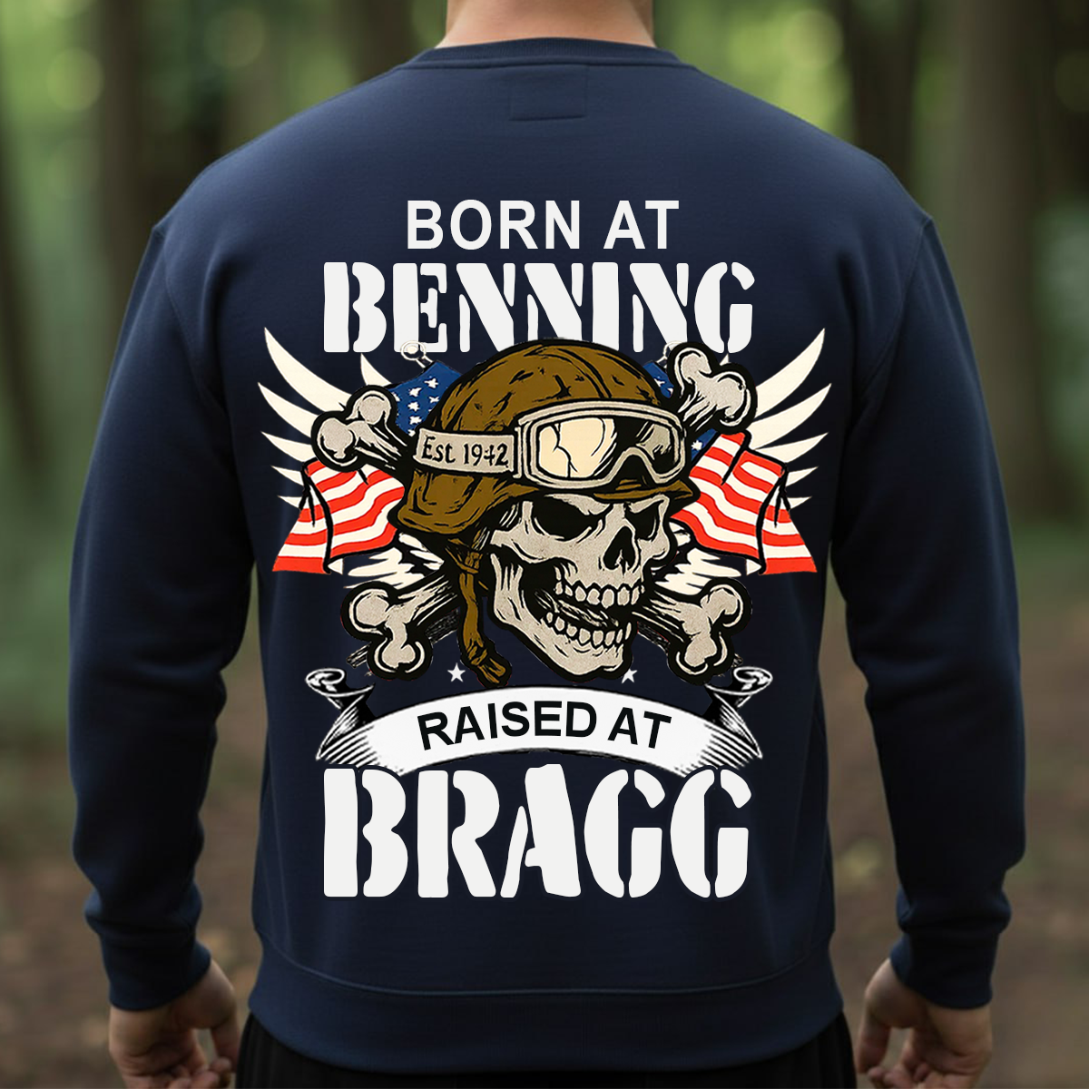 Airborne Veteran T-Shirt, Sweatshirt, Hoodie – Born at Benning Raised at Bragg Military Skull Design – Proud Paratrooper Apparel