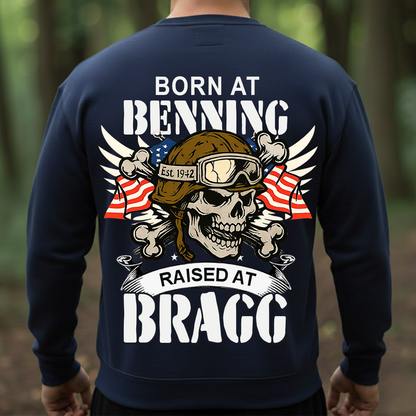 Airborne Veteran T-Shirt, Sweatshirt, Hoodie – Born at Benning Raised at Bragg Military Skull Design – Proud Paratrooper Apparel