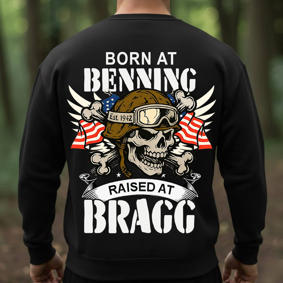 Airborne Veteran T-Shirt, Sweatshirt, Hoodie – Born at Benning Raised at Bragg Military Skull Design – Proud Paratrooper Apparel