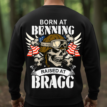 Airborne Veteran T-Shirt, Sweatshirt, Hoodie – Born at Benning Raised at Bragg Military Skull Design – Proud Paratrooper Apparel