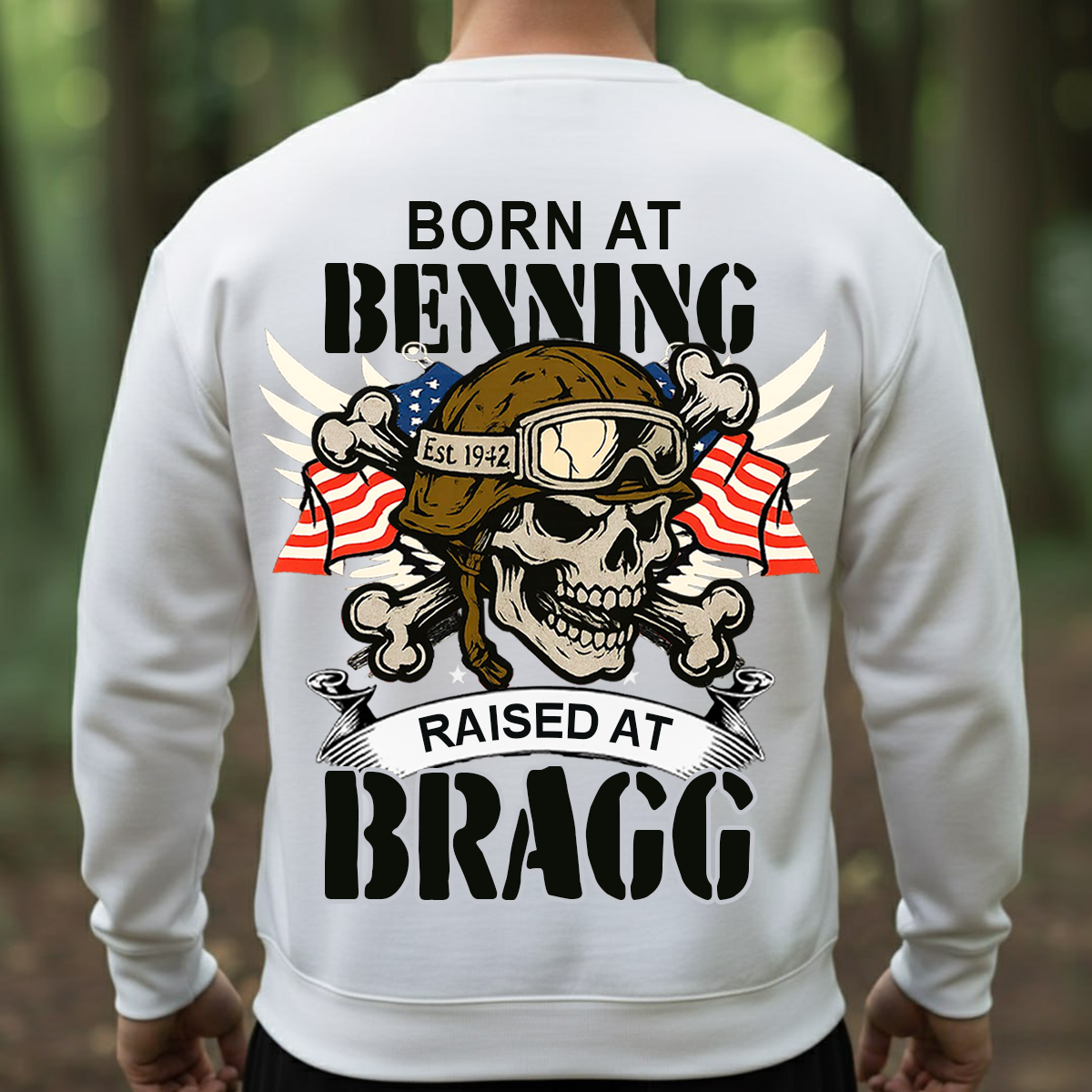 Airborne Veteran T-Shirt, Sweatshirt, Hoodie – Born at Benning Raised at Bragg Military Skull Design – Proud Paratrooper Apparel