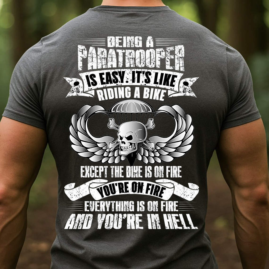 Being a Paratrooper Is Easy It's Like Riding a Bike T-Shirt - Funny Airborne Skull Military Tee for Veterans