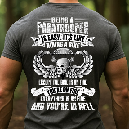 Being a Paratrooper Is Easy It's Like Riding a Bike T-Shirt - Funny Airborne Skull Military Tee for Veterans