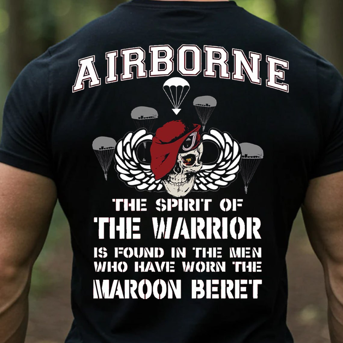 Airborne Maroon Beret Warrior T-Shirt - Paratrooper Veteran Military Pride Skull Tee