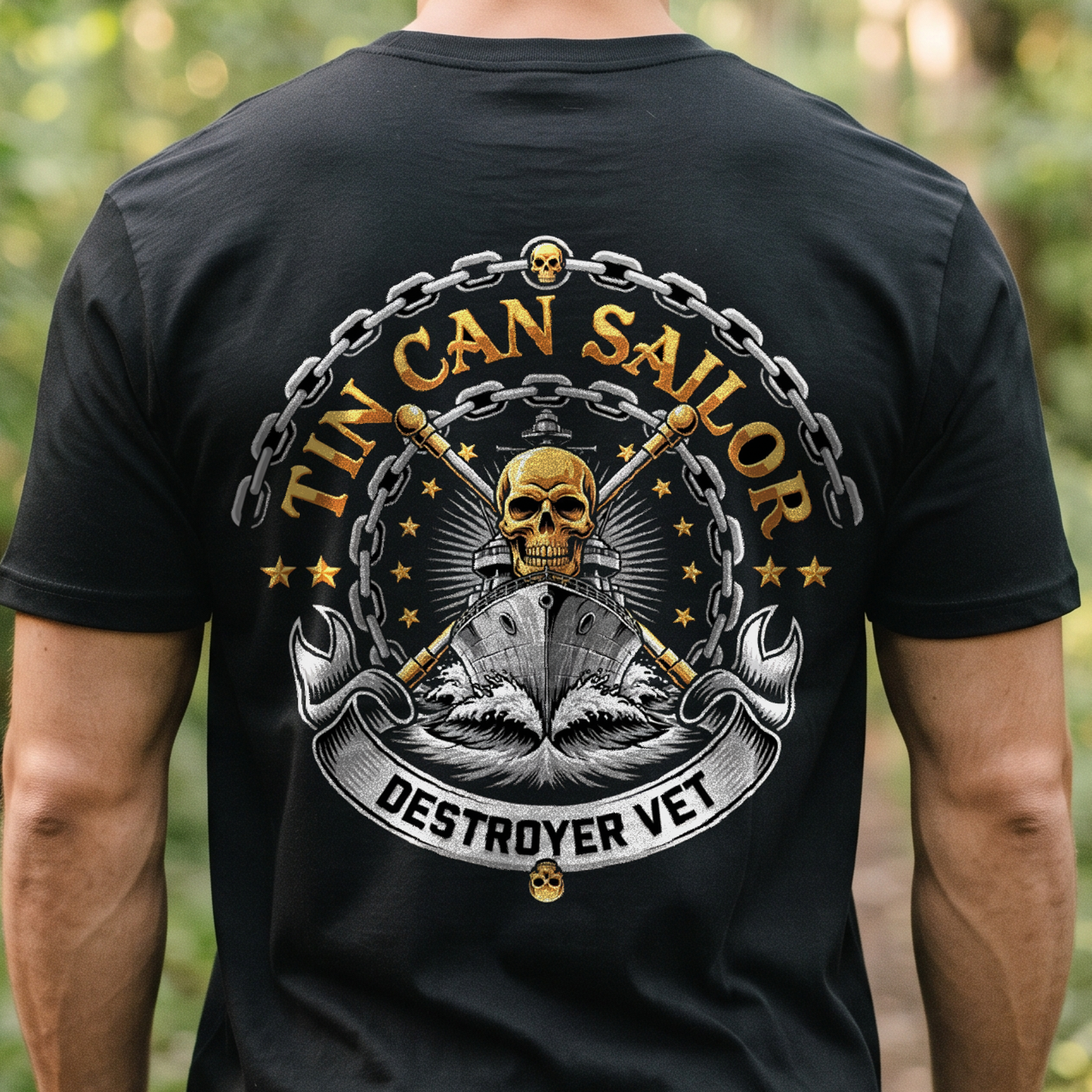 "Tin Can Sailor - Destroyer Vet" T-Shirt – Navy Tradition Skull Anchor Gift for Veterans Day