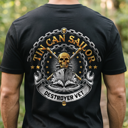 "Tin Can Sailor - Destroyer Vet" T-Shirt – Navy Tradition Skull Anchor Gift for Veterans Day
