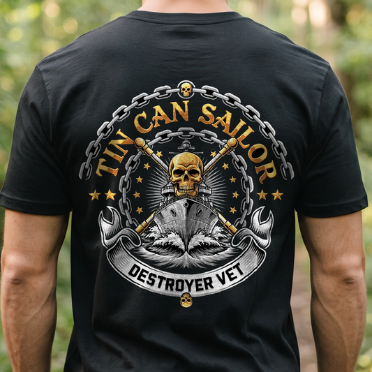 "Tin Can Sailor - Destroyer Vet" T-Shirt – Navy Tradition Skull Anchor Gift for Veterans Day