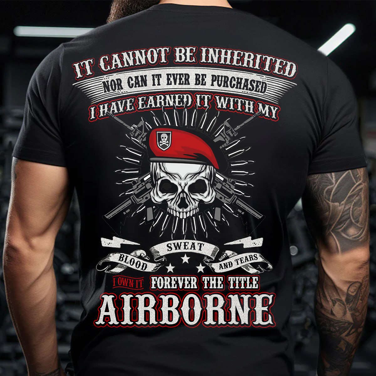Airborne Veteran T-Shirt - Blood Sweat and Tears Skull Design