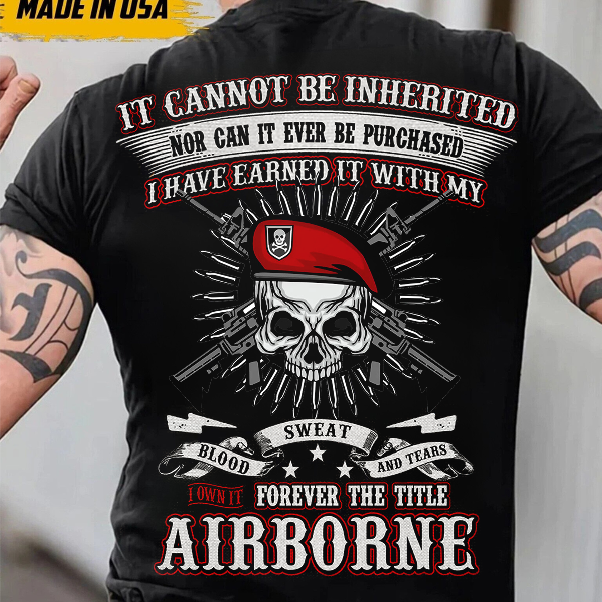 Airborne Veteran T-Shirt - Blood Sweat and Tears Skull Design