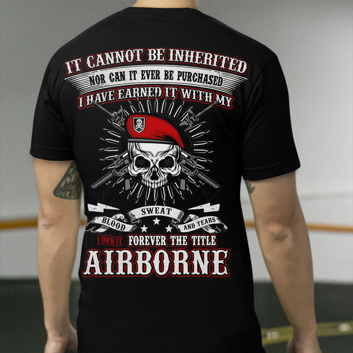 Airborne Veteran T-Shirt - Blood Sweat and Tears Skull Design