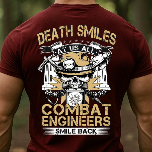 Death Smiles at Us All Combat Engineer T Shirt, Sweatshirt, Hoodie – Tactical Skull Helmet Graphic Tee, Combat Engineer Heavy Duty Worker Shirt