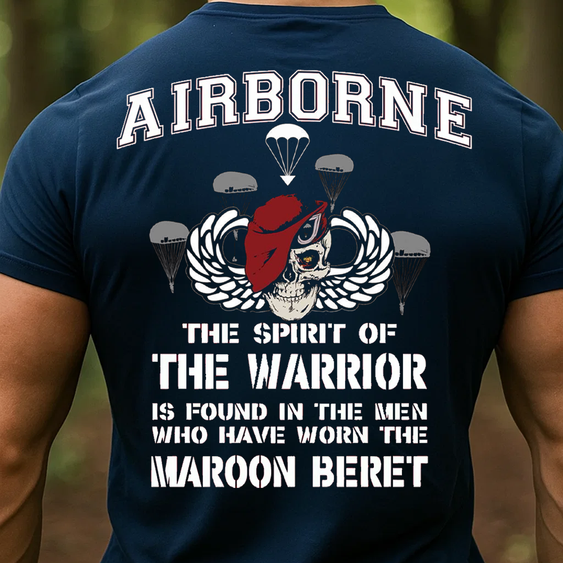Airborne Maroon Beret Warrior T-Shirt - Paratrooper Veteran Military Pride Skull Tee