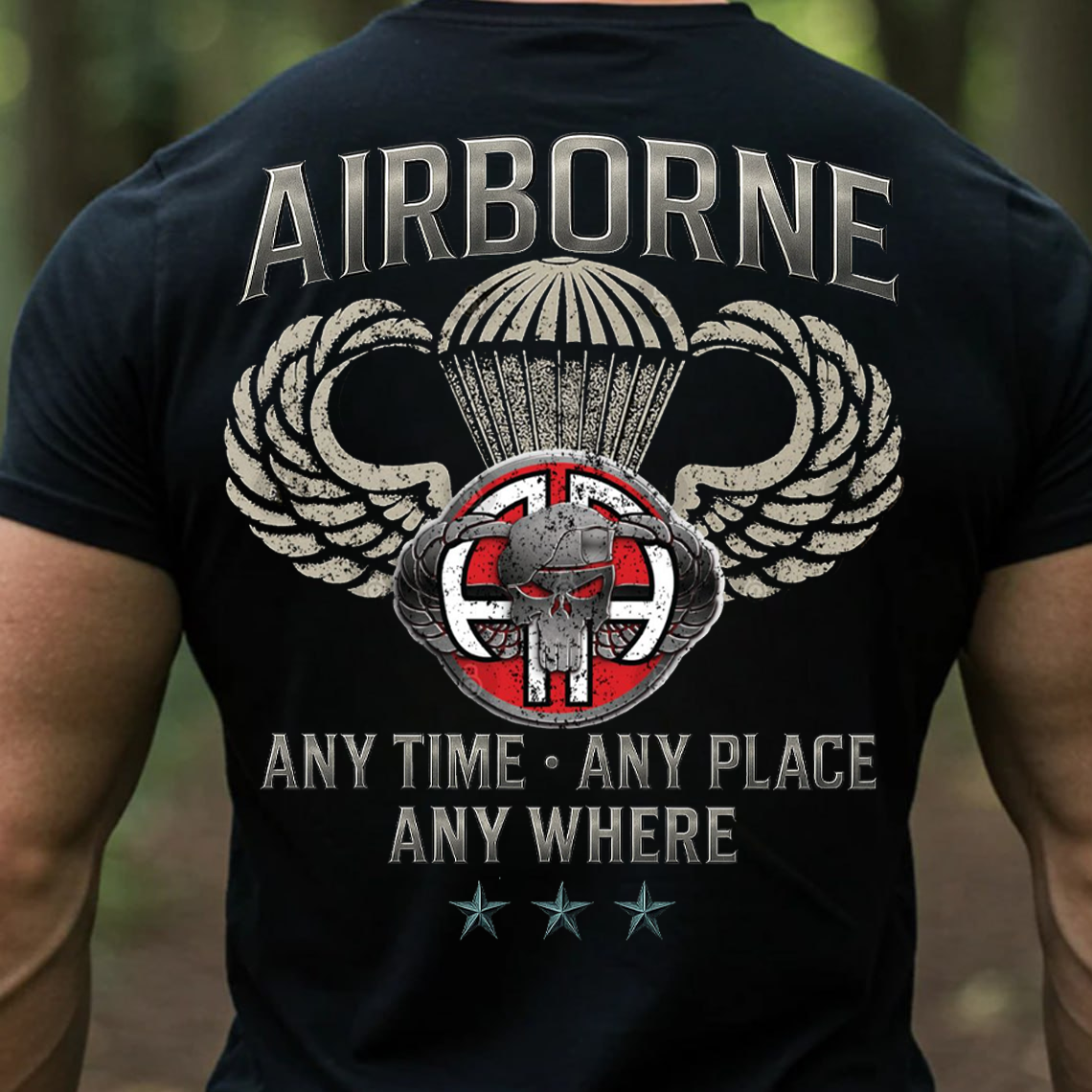 Airborne Veteran T-Shirt, Sweatshirt, Hoodie – Any Time Any Place Anywhere Paratrooper Skull Wings Military Pride Tee