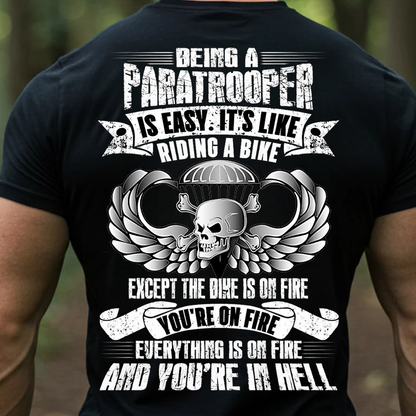 Being a Paratrooper Is Easy It's Like Riding a Bike T-Shirt - Funny Airborne Skull Military Tee for Veterans