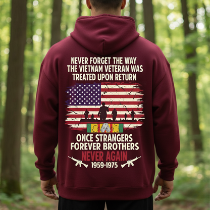 Vietnam Veteran Memorial Shirt, Sweatshirt, Hoodie – Never Forget How They Were Treated, Once Strangers Forever Brothers, Patriotic Military Tee