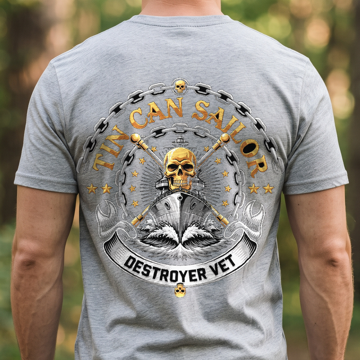 "Tin Can Sailor - Destroyer Vet" T-Shirt – Navy Tradition Skull Anchor Gift for Veterans Day