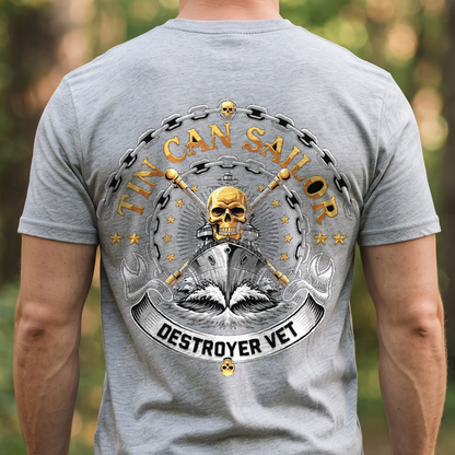 "Tin Can Sailor - Destroyer Vet" T-Shirt – Navy Tradition Skull Anchor Gift for Veterans Day