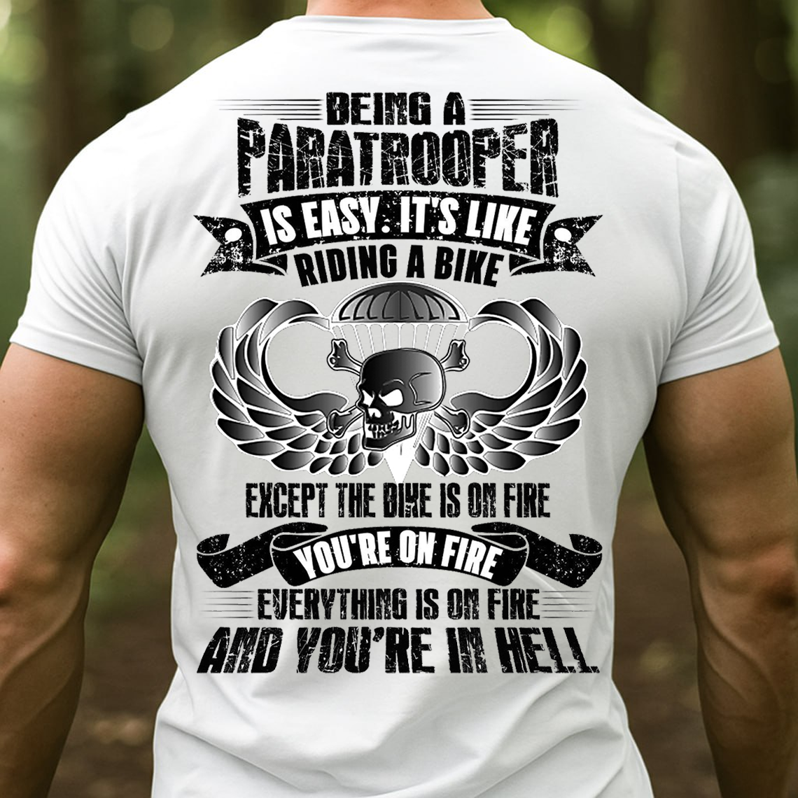 Being a Paratrooper Is Easy It's Like Riding a Bike T-Shirt - Funny Airborne Skull Military Tee for Veterans