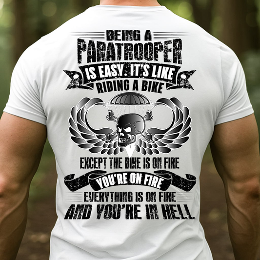 Being a Paratrooper Is Easy It's Like Riding a Bike T-Shirt - Funny Airborne Skull Military Tee for Veterans