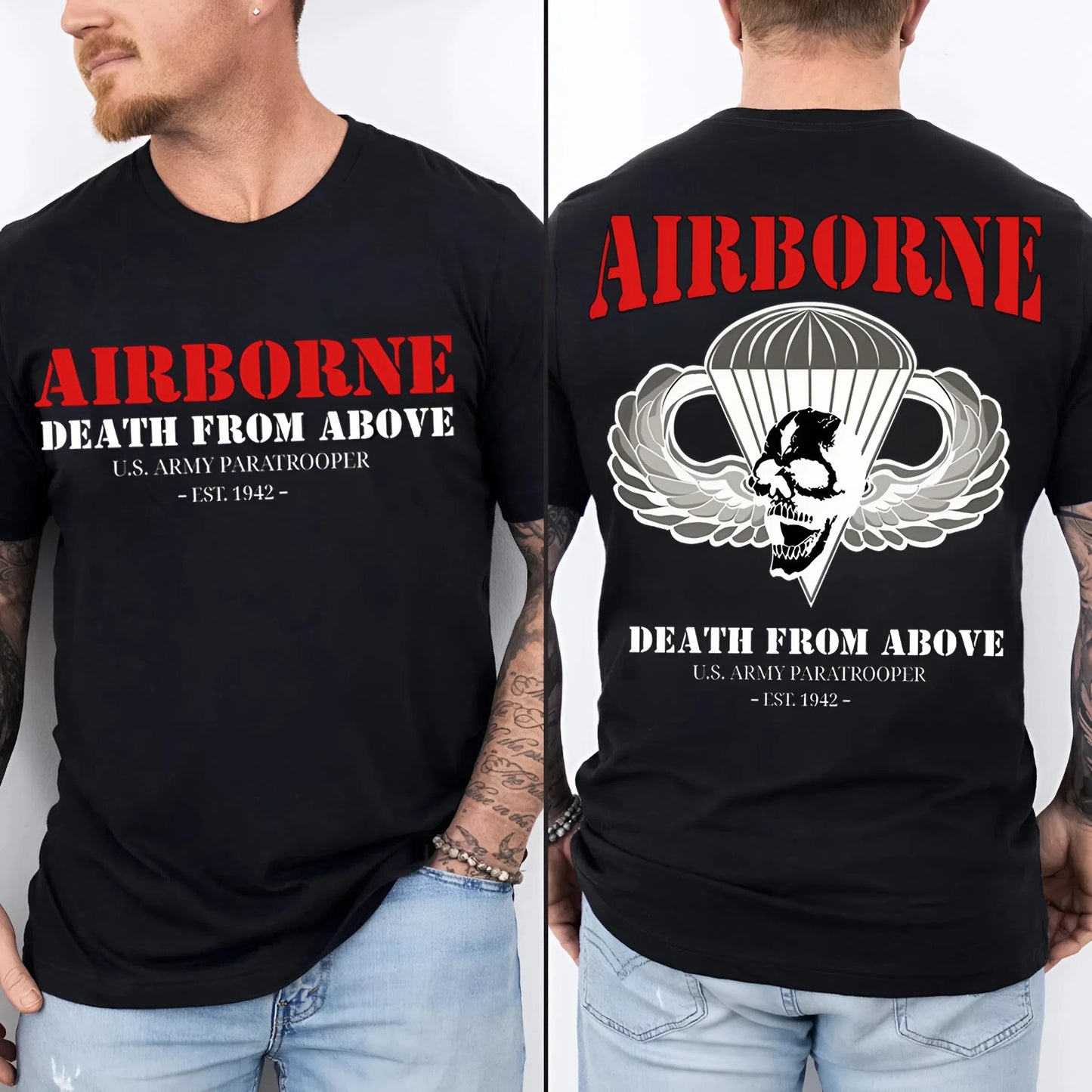 2side-U.S. Army Airborne Paratrooper Shirt – Death From Above Skull Wings 2-Sided Military Tee