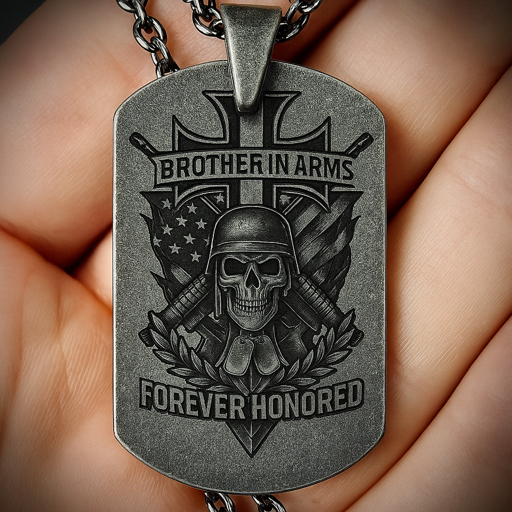 Brother in Arms Dog Tag Necklace | Forever Honored Military Pendant with Skull, Helmet and Cross