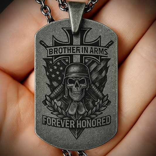 Brother in Arms Dog Tag Necklace | Forever Honored Military Pendant with Skull, Helmet and Cross