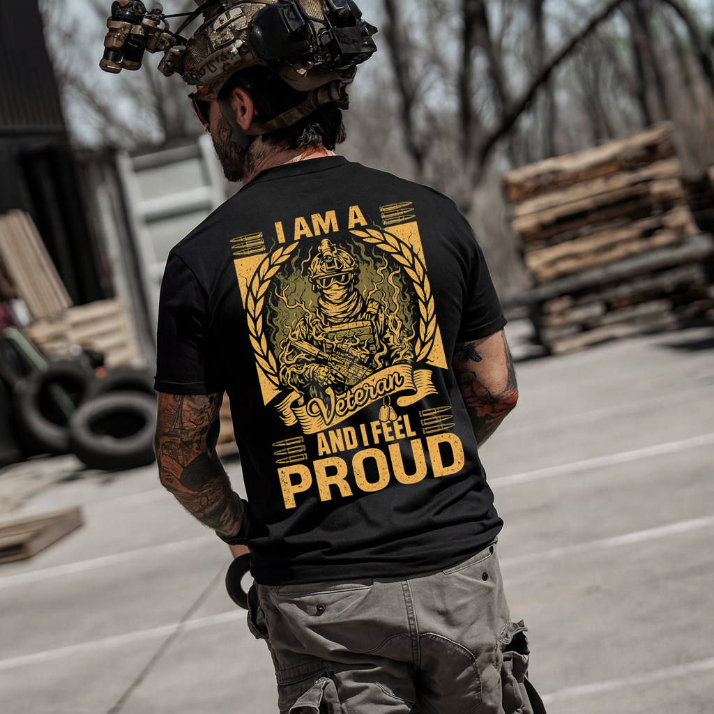 I Am a Veteran and I Feel Proud” T-Shirt – Patriotic Military Soldier Graphic with Laurel Wreath & Dog Tags, Black/Gold Print – Perfect Gift for Dad & Grandpa on Veterans Day, Father’s Day, Birthdays