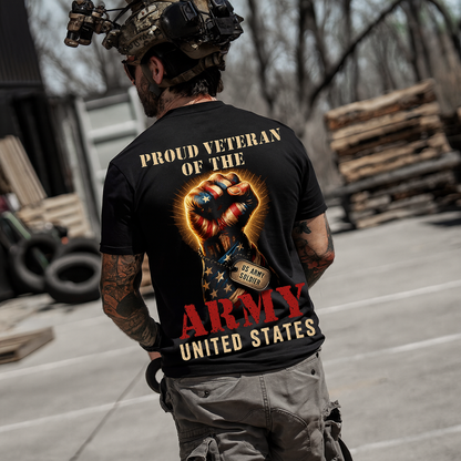 Proud U.S. Army Veteran T-Shirt – Patriotic American Flag Fist & Dog Tag Design – Gift for Dad, Grandpa, Military Soldier, United States Army Pride Tee