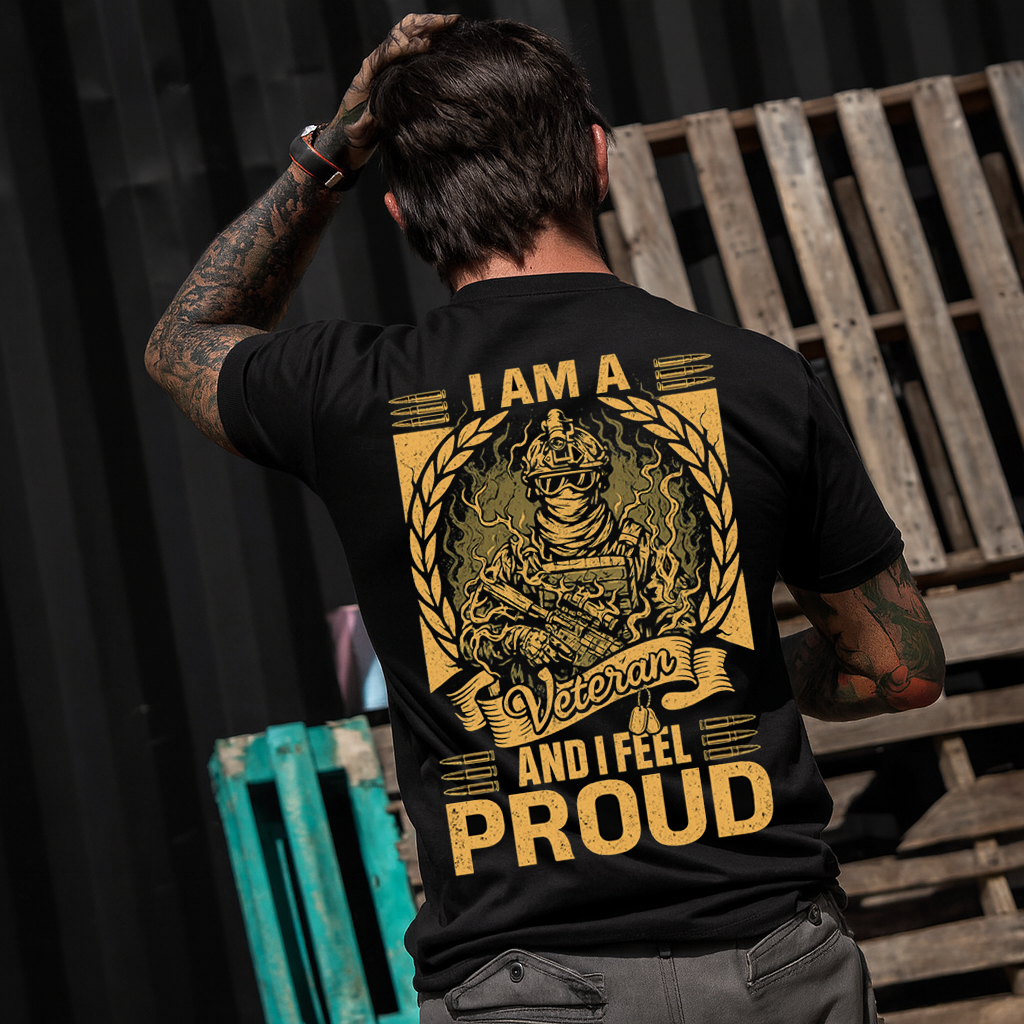 I Am a Veteran and I Feel Proud” T-Shirt – Patriotic Military Soldier Graphic with Laurel Wreath & Dog Tags, Black/Gold Print – Perfect Gift for Dad & Grandpa on Veterans Day, Father’s Day, Birthdays