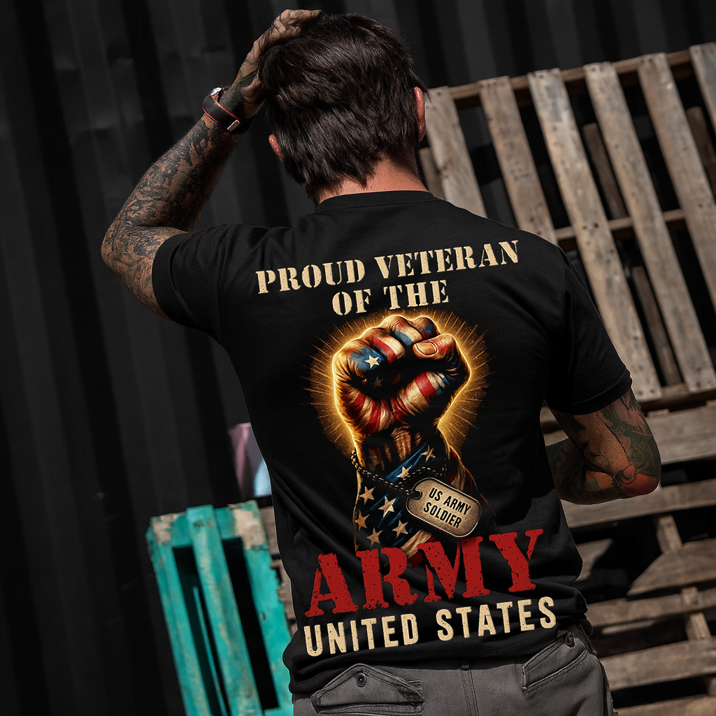 Proud U.S. Army Veteran T-Shirt – Patriotic American Flag Fist & Dog Tag Design – Gift for Dad, Grandpa, Military Soldier, United States Army Pride Tee