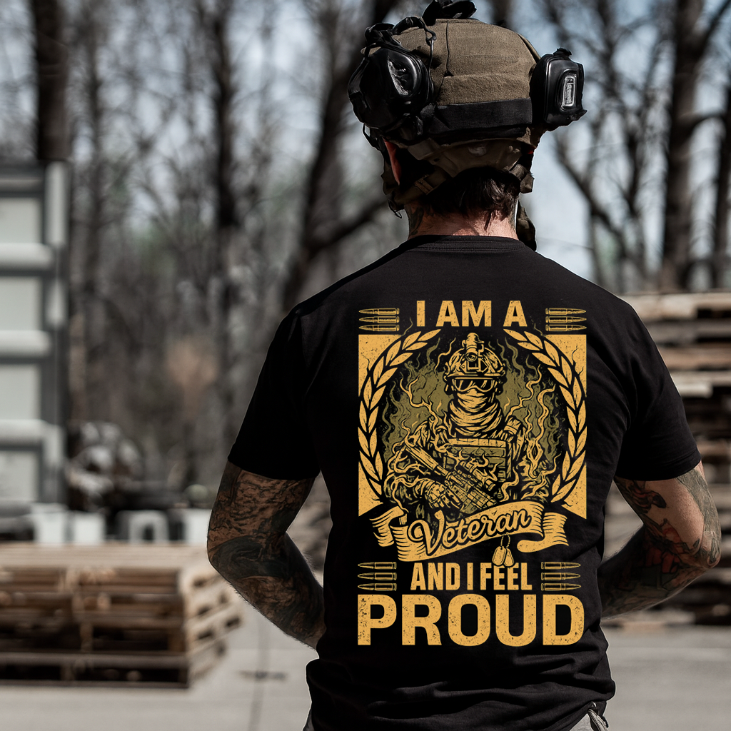 I Am a Veteran and I Feel Proud” T-Shirt – Patriotic Military Soldier Graphic with Laurel Wreath & Dog Tags, Black/Gold Print – Perfect Gift for Dad & Grandpa on Veterans Day, Father’s Day, Birthdays