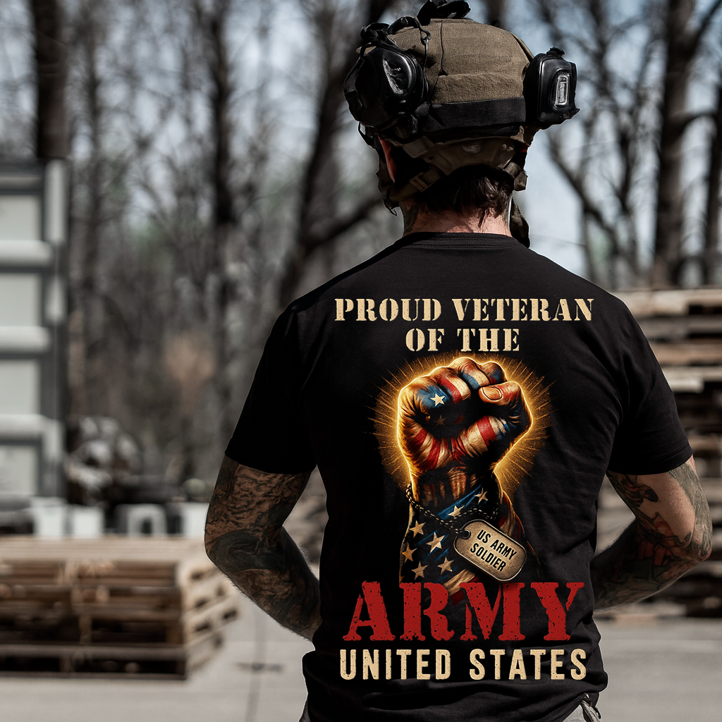 Proud U.S. Army Veteran T-Shirt – Patriotic American Flag Fist & Dog Tag Design – Gift for Dad, Grandpa, Military Soldier, United States Army Pride Tee