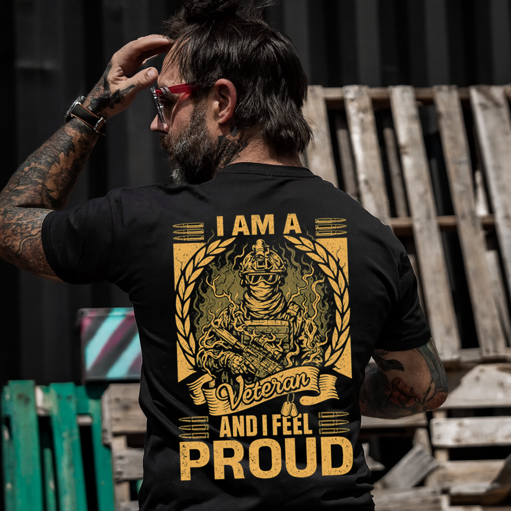 I Am a Veteran and I Feel Proud” T-Shirt – Patriotic Military Soldier Graphic with Laurel Wreath & Dog Tags, Black/Gold Print – Perfect Gift for Dad & Grandpa on Veterans Day, Father’s Day, Birthdays