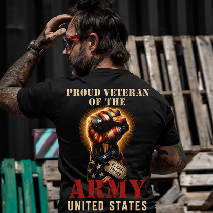 Proud U.S. Army Veteran T-Shirt – Patriotic American Flag Fist & Dog Tag Design – Gift for Dad, Grandpa, Military Soldier, United States Army Pride Tee