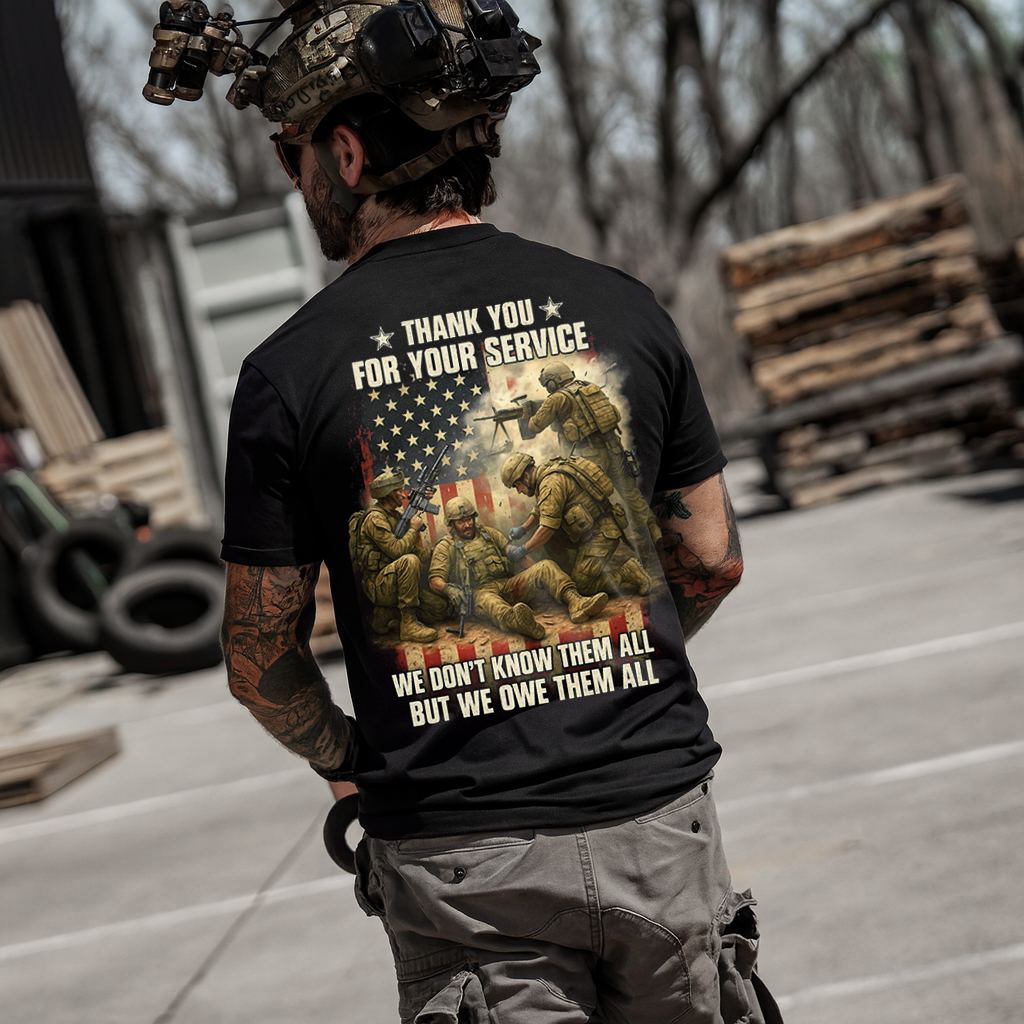 Men’s Thank You For Your Service Veteran T-Shirt – “We Don’t Know Them All But We Owe Them All” American Flag Soldiers Graphic, Military Appreciation Gift for Dad & Grandpa, Veterans Day, Memorial Day, Father’s Day