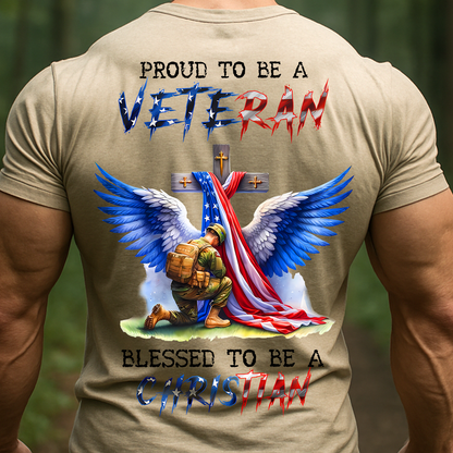 Proud to Be a Veteran Blessed to Be a Christian T-Shirt – Patriotic Soldier Cross American Flag Tee