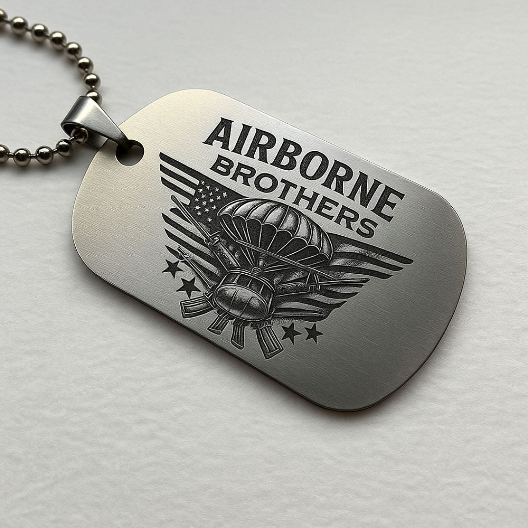 Airborne Brothers Dog Tag Necklace | Military Veteran Paratrooper Pendant with American Flag