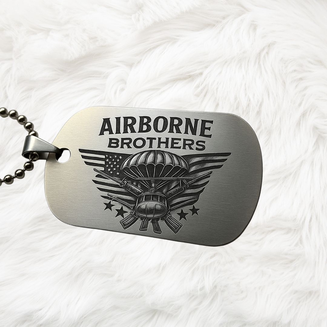 Airborne Brothers Dog Tag Necklace | Military Veteran Paratrooper Pendant with American Flag