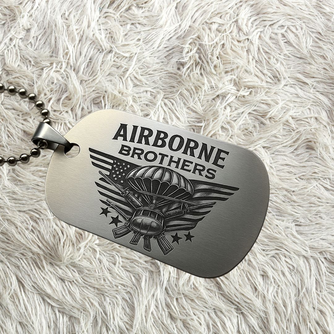 Airborne Brothers Dog Tag Necklace | Military Veteran Paratrooper Pendant with American Flag
