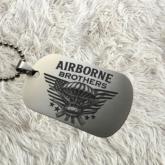 Airborne Brothers Dog Tag Necklace | Military Veteran Paratrooper Pendant with American Flag