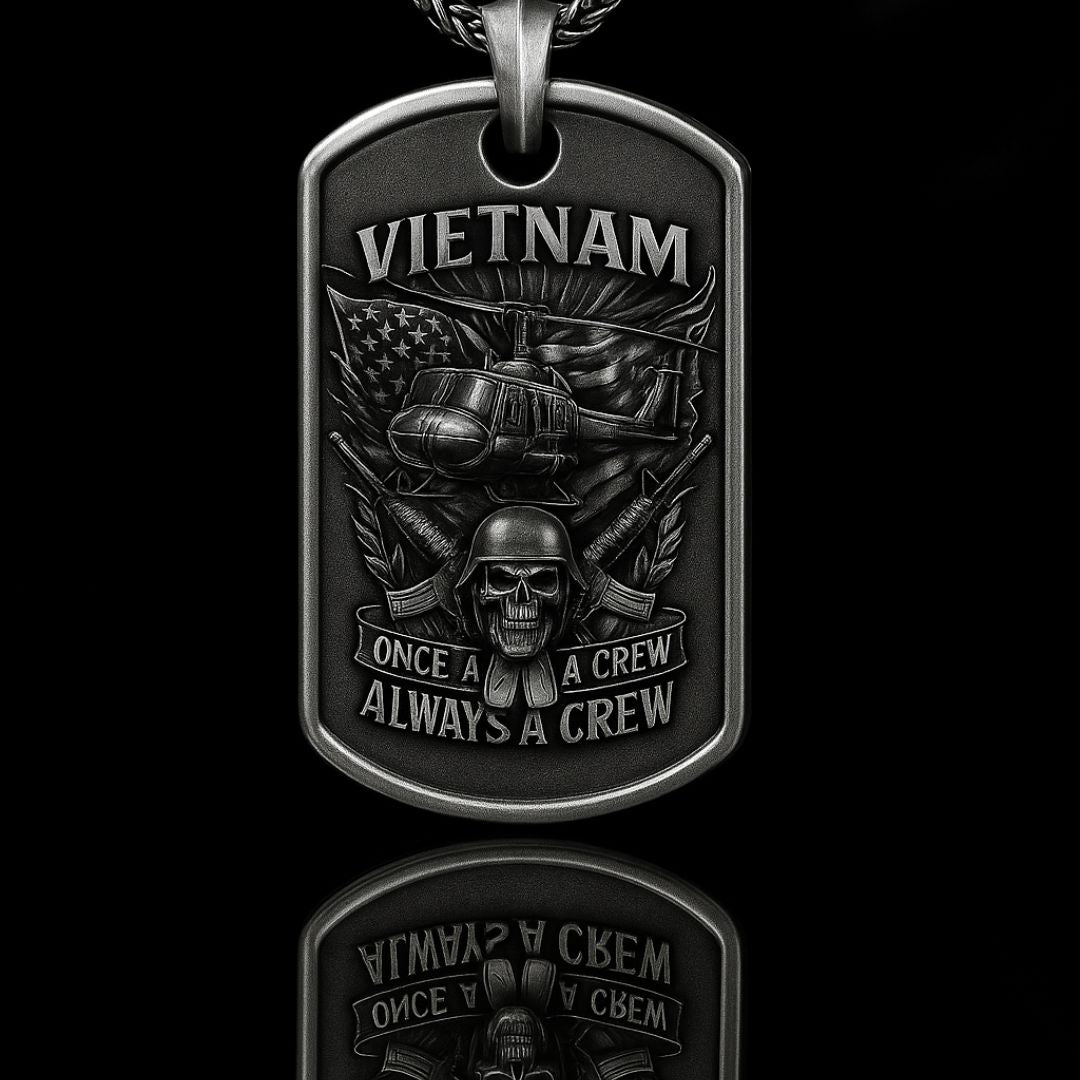 Vietnam Veteran Dog Tag Necklace | Once a Crew Always a Crew Military Pendant with Helicopter and Skull