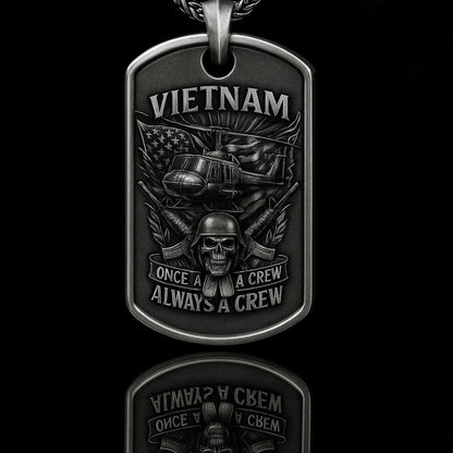 Vietnam Veteran Dog Tag Necklace | Once a Crew Always a Crew Military Pendant with Helicopter and Skull