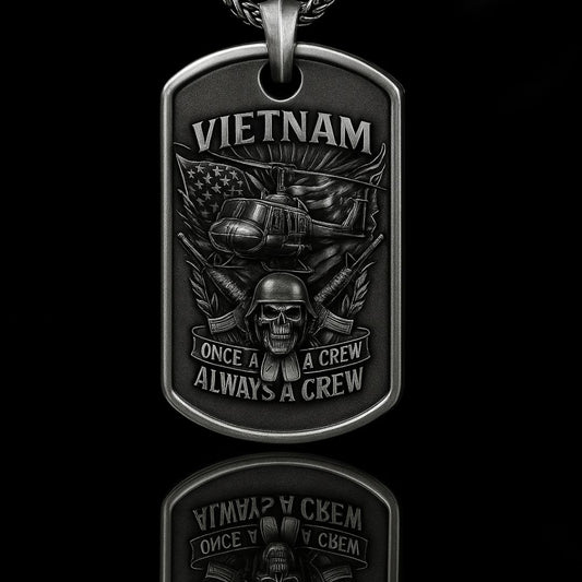 Vietnam Veteran Dog Tag Necklace | Once a Crew Always a Crew Military Pendant with Helicopter and Skull