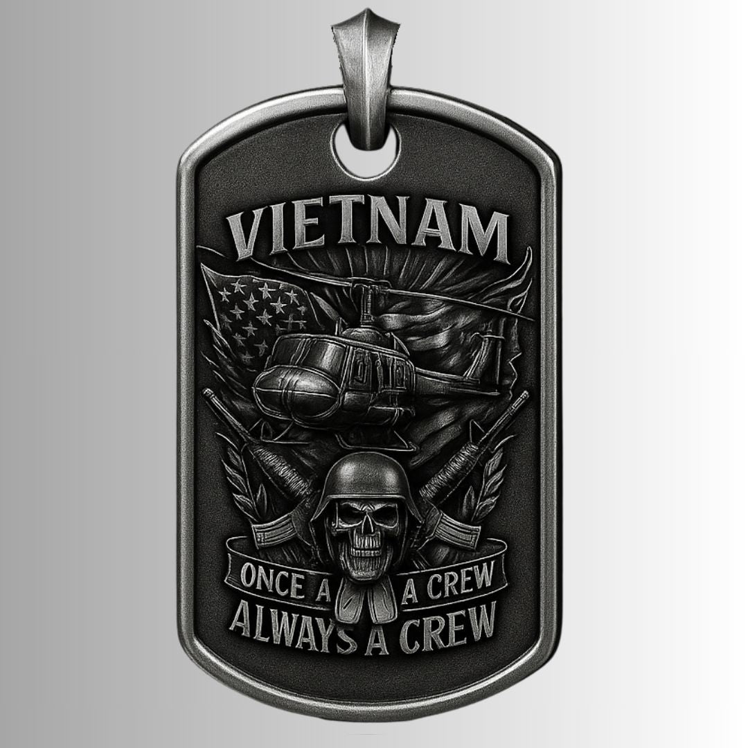Vietnam Veteran Dog Tag Necklace | Once a Crew Always a Crew Military Pendant with Helicopter and Skull