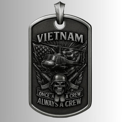 Vietnam Veteran Dog Tag Necklace | Once a Crew Always a Crew Military Pendant with Helicopter and Skull