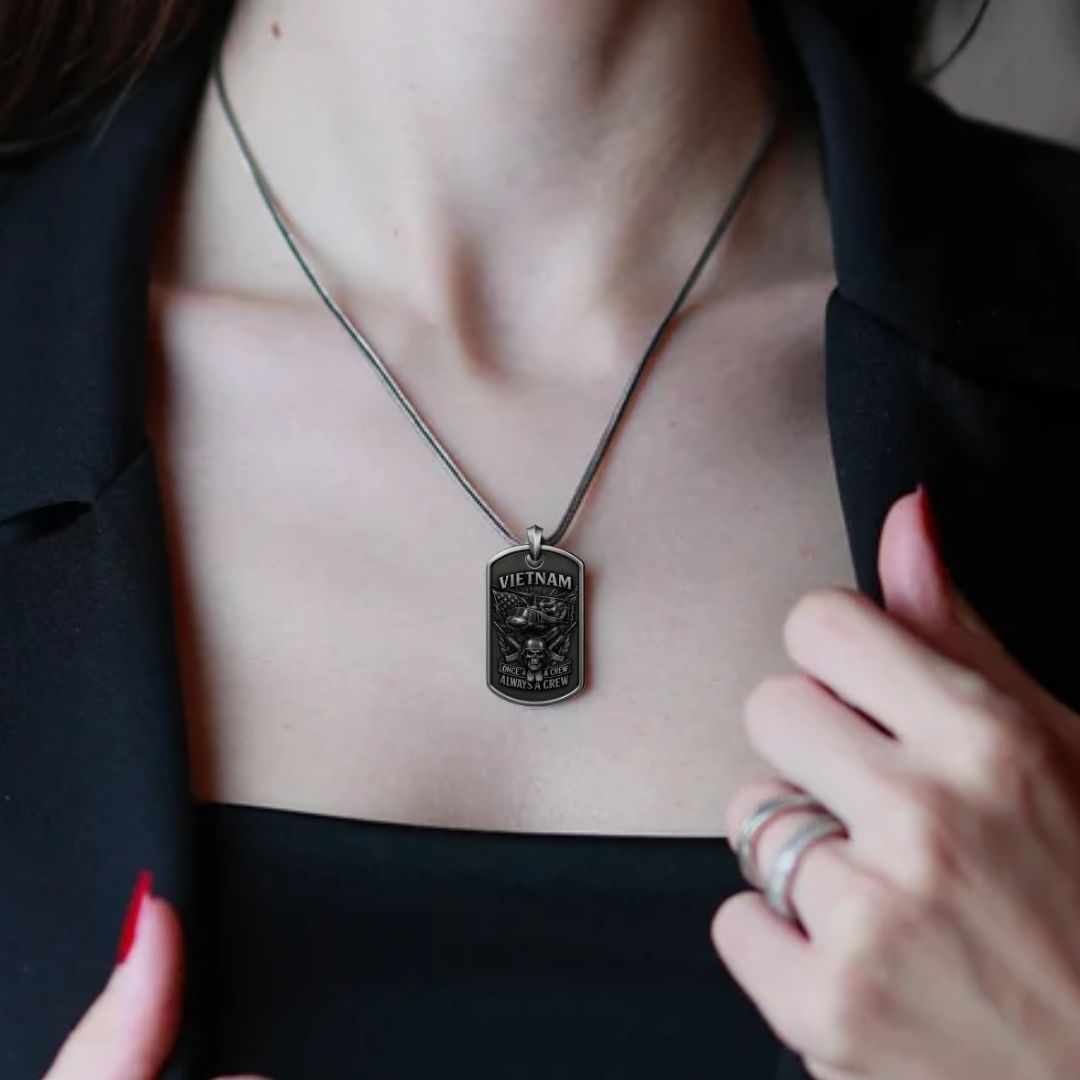Vietnam Veteran Dog Tag Necklace | Once a Crew Always a Crew Military Pendant with Helicopter and Skull
