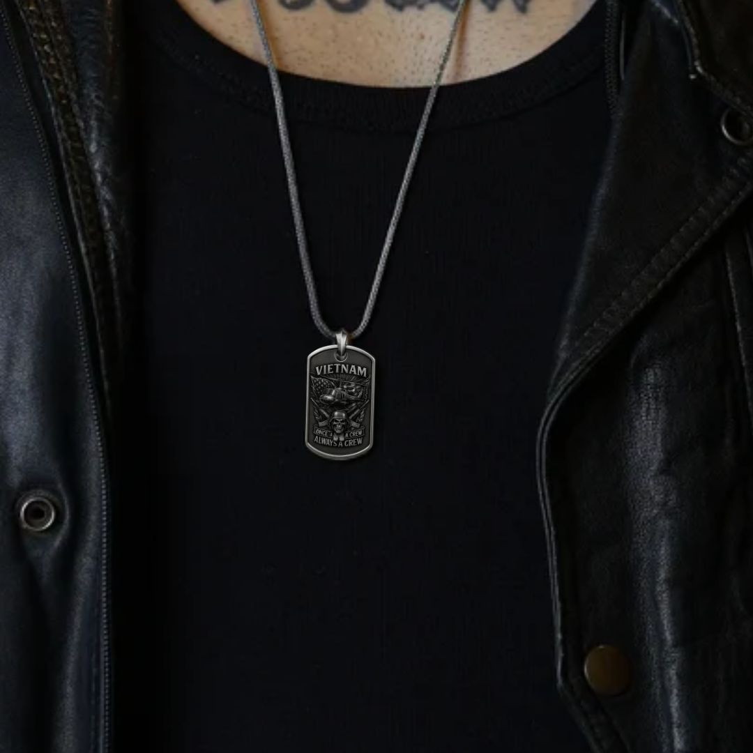 Vietnam Veteran Dog Tag Necklace | Once a Crew Always a Crew Military Pendant with Helicopter and Skull