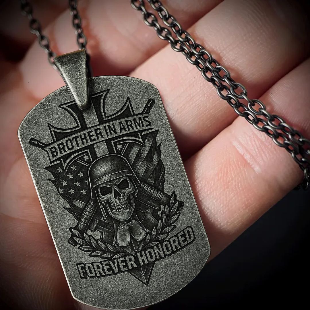 Brother in Arms Dog Tag Necklace | Forever Honored Military Pendant with Skull, Helmet and Cross