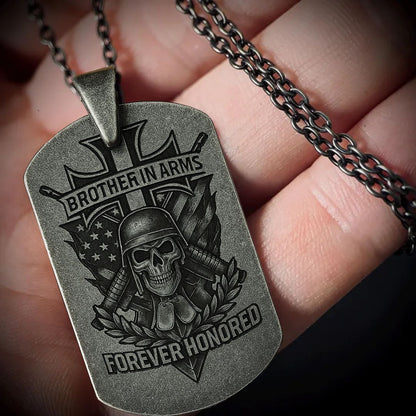 Brother in Arms Dog Tag Necklace | Forever Honored Military Pendant with Skull, Helmet and Cross